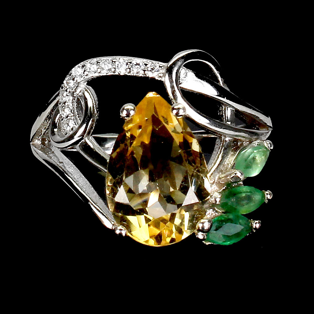925 Sterling Silver Pear Citrine 12x8mm Emerald Cut Natural Gemstone Ring