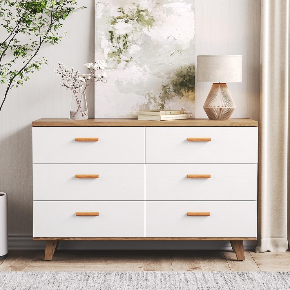 6-Drawer White Wood Dresser - Modern Wide Storage Chest Organizer