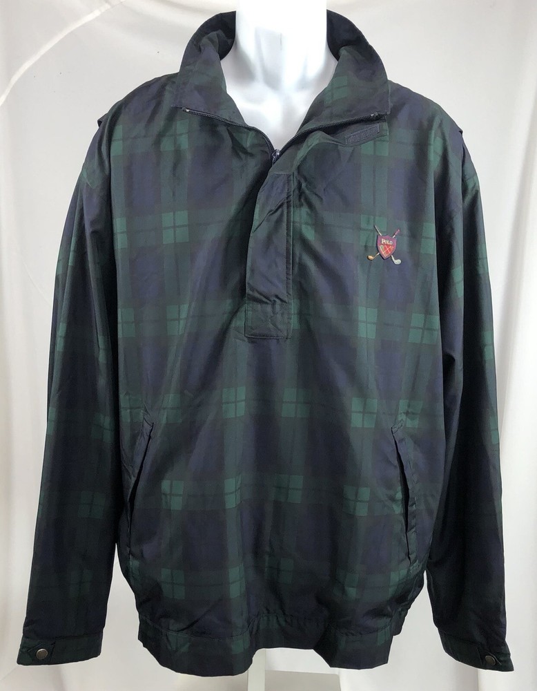 Vtg Ralph Lauren Polo Golf Wind Breaker Jacket L Green/Blue Plaid Logo 90s Y2K