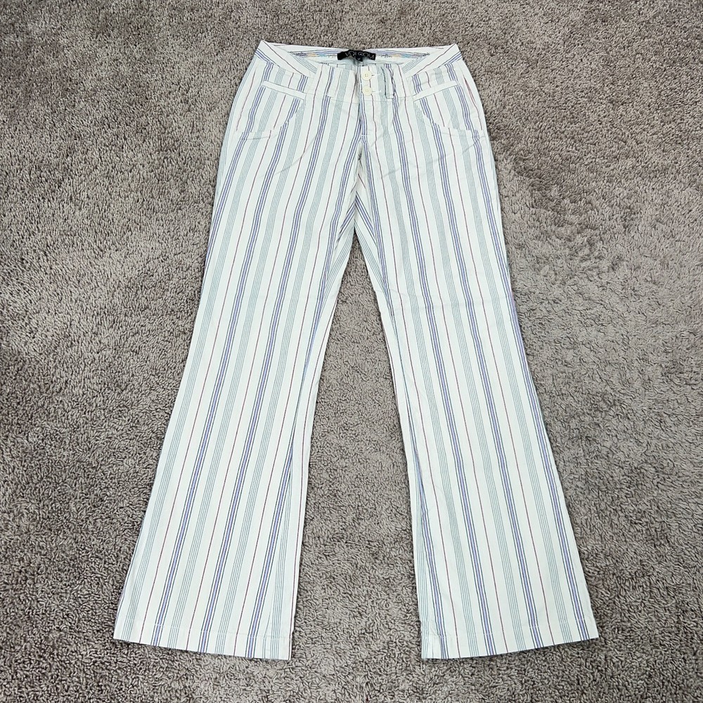 Volcom Pants Womens 1 White Blue Red Stripe Wide Leg Flare Skate Surf Coastal