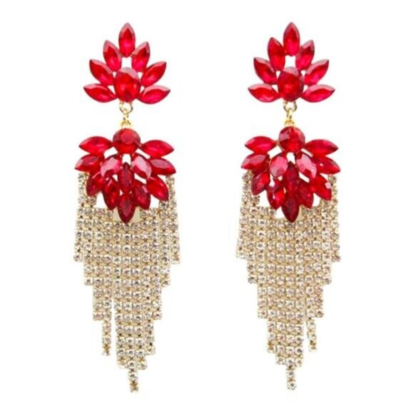 Red Earrings Long Gold Tassel Rhinestone Earrings Crystal Drop Earrings Bridal