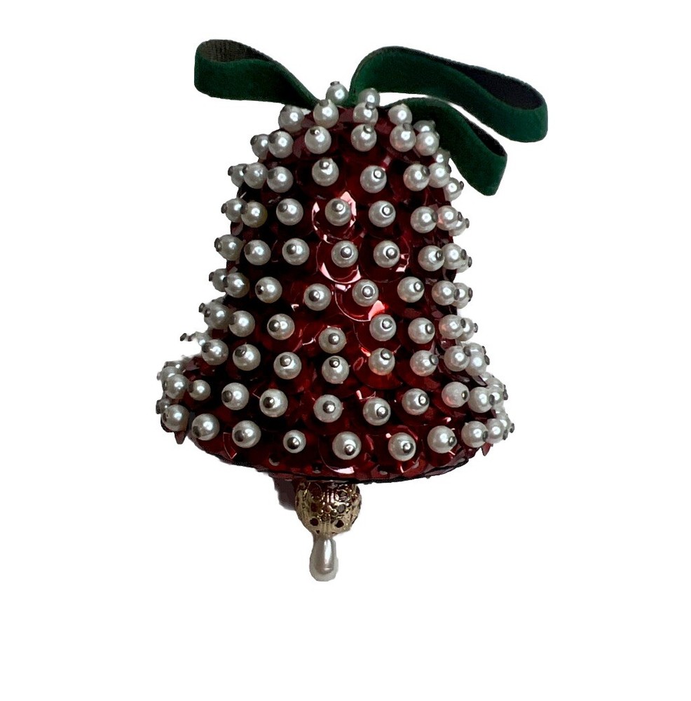 Red Bell Push Pin Sequins Christmas Ornament Vintage Pearl Beaded