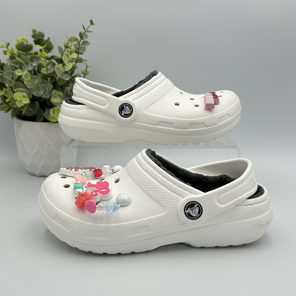 Crocs Kid's Classic Clogs Fuzzy White Rubber Slip ON Slippers Shoes Size 1j