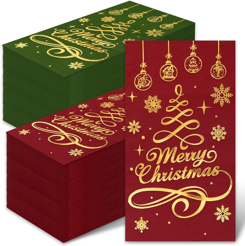 Merry Christmas Guest Paper Napkin Red Green Gold Foil 3 Ply Disposable Napkin X