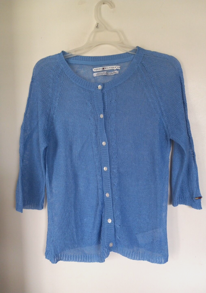 Tommy Hilfiger Blue Linen Button-Up Cardigan Long Sleeve Medium