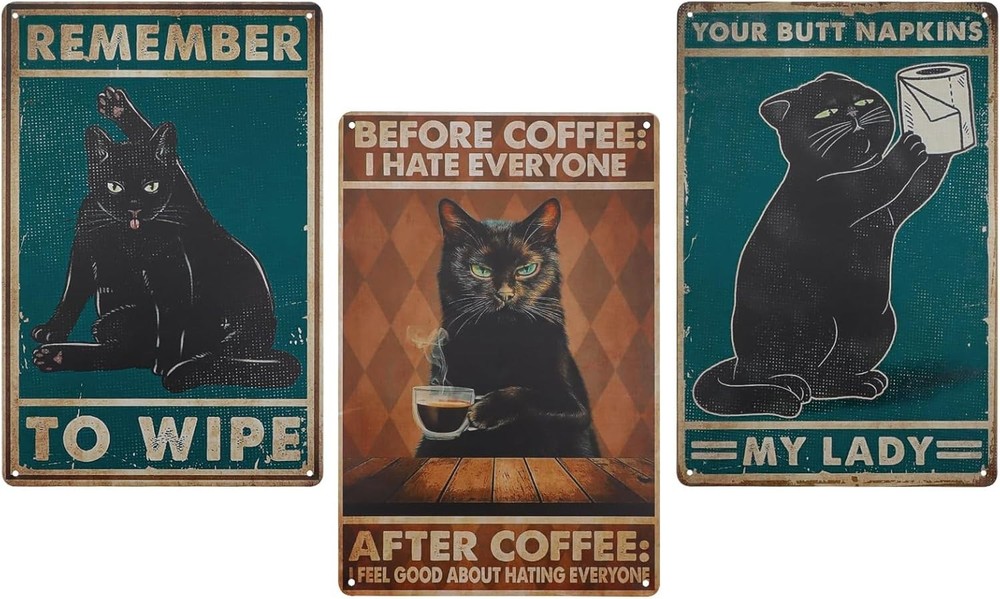 3PCS Vintage Metal Tin Sign Black Cat Retro Poster Home Bar Wall Decor Funny Art