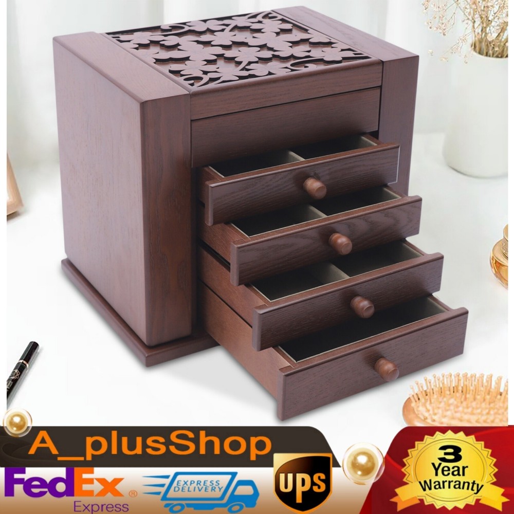 5 Layers Case Vintage Large Jewelry Organizer Wooden Storage Box w/ 4 Drawers US