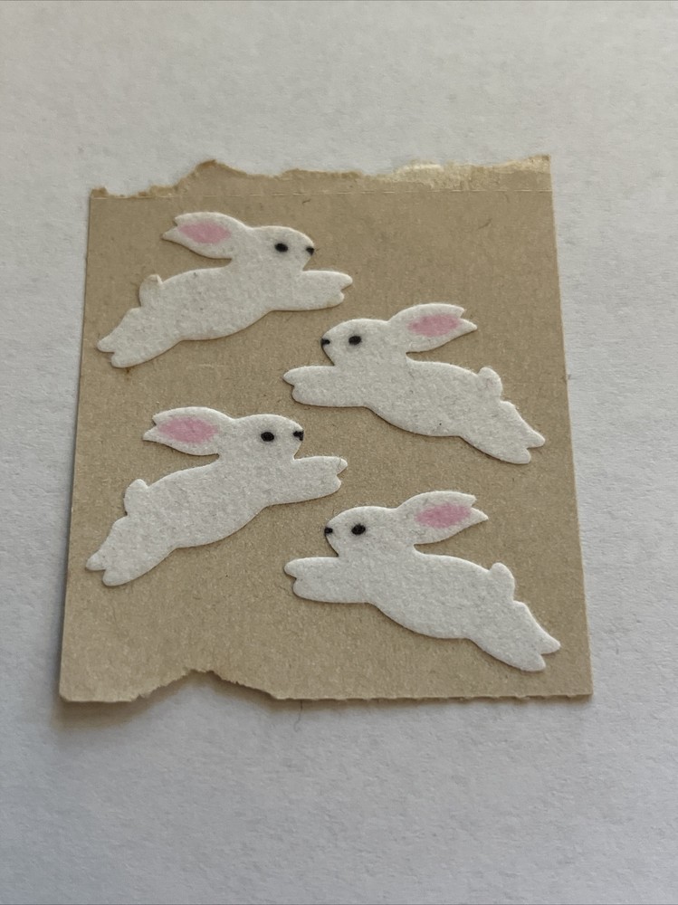Vintage 80’s SANDYLION Fuzzy Stickers - White Bunnies Rabbits - Brown Backing