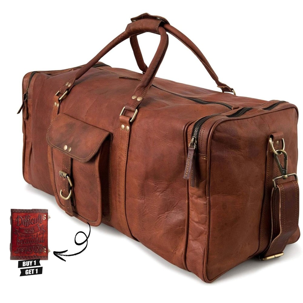 Vintage Leather Duffel Shoulder Bag for Travel Gym with Leather Journal  
