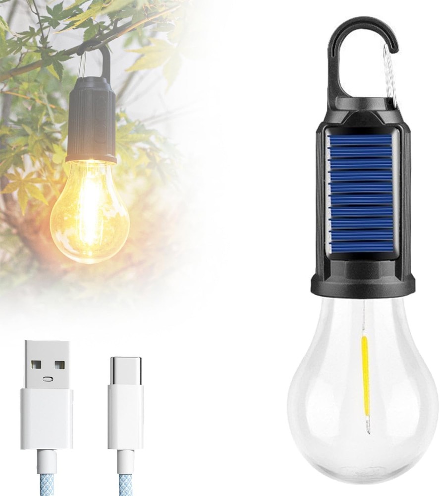 Solar Rechargeable Hanging Bulb Light Outdoor Camp Waterproof LED Emergency Lamp