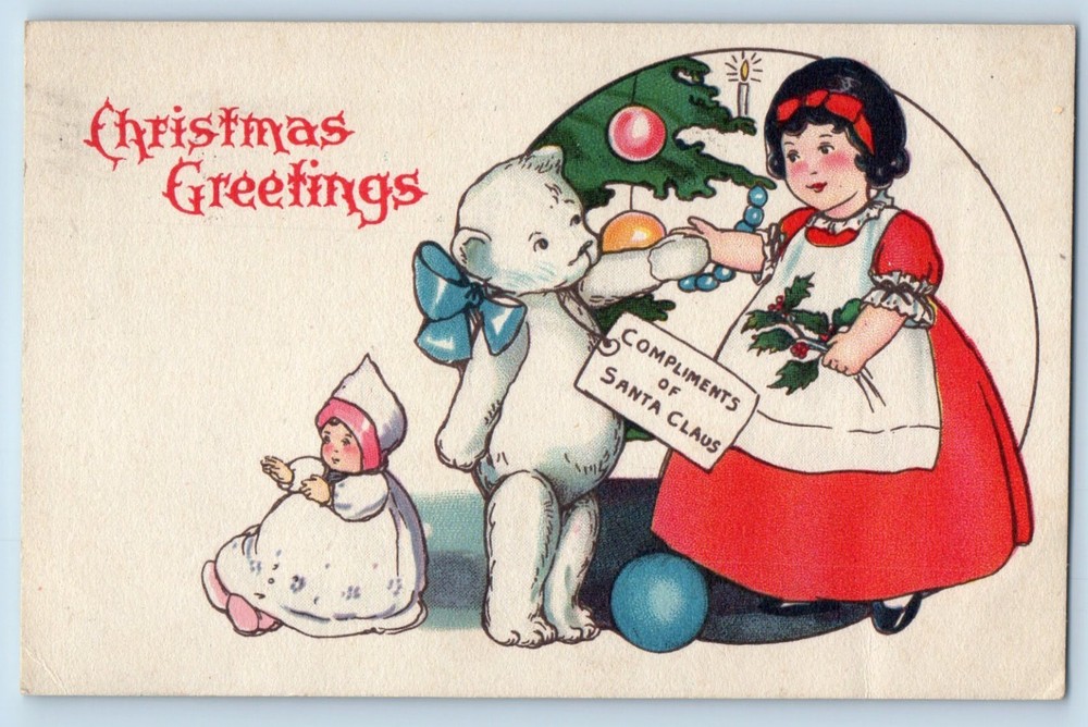 Christmas Postcard Greetings Little Girl Teddy Bear Doll Toys 1924 Vintage
