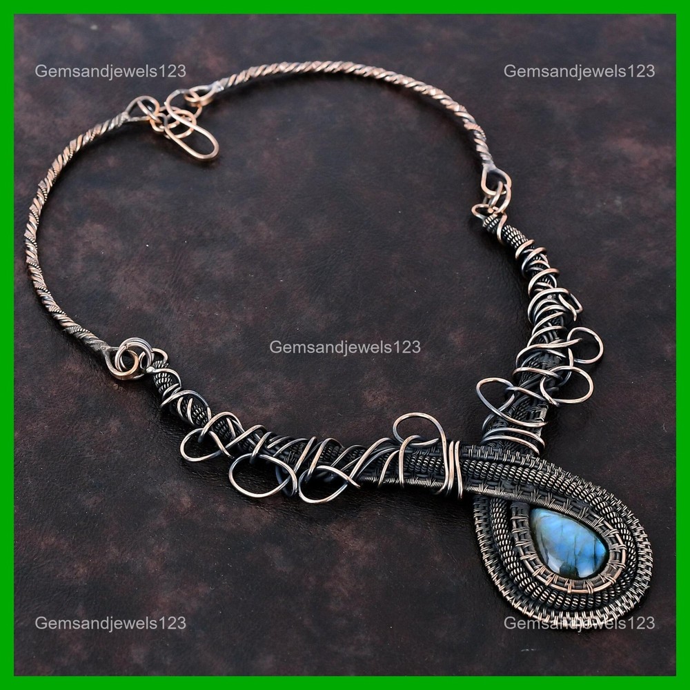 Mother's Day Special Pear-Shaped Labradorite Copper Wire Wrapped Necklace-image