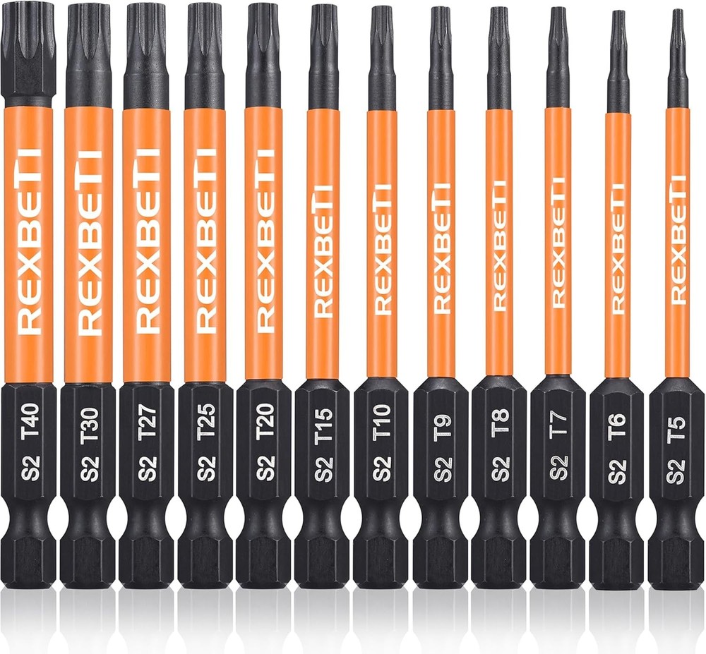REXBETI 12 Piece Torx Head Screwdriver Bit Set, 1/4 Inch Hex Shank S2 Steel Magn