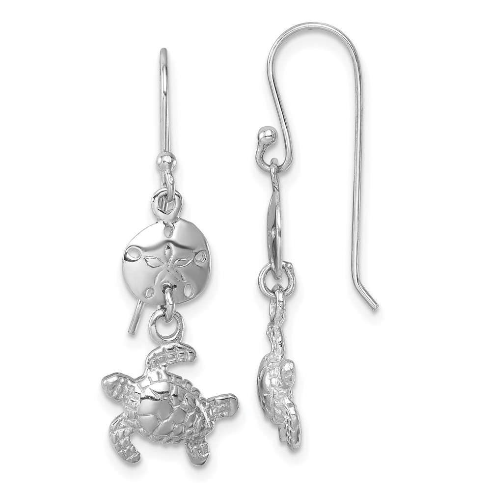 Sterling Silver Polished Sand Dollar and Swimming Turtle Drop & Dangle Earrings