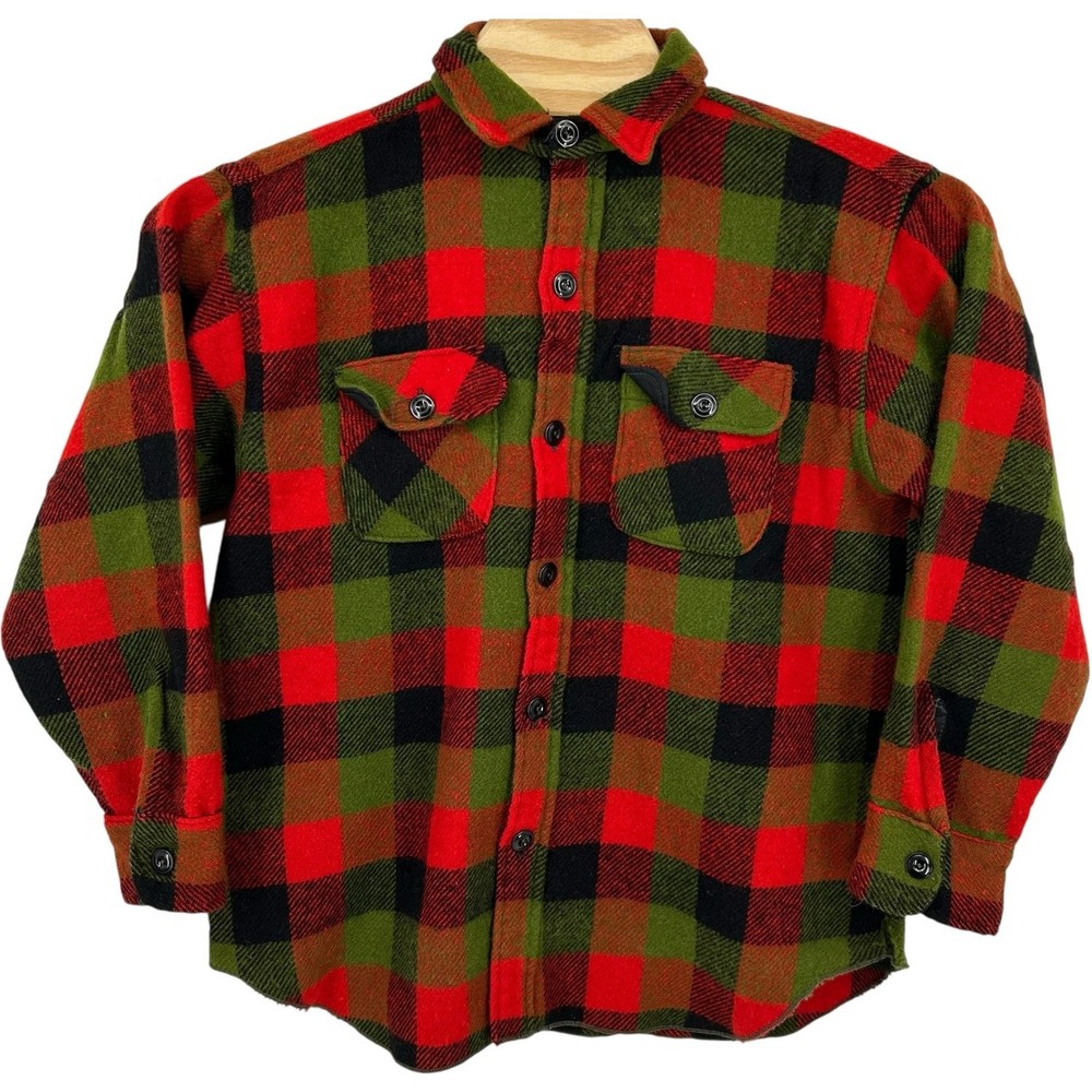 VTG 60s Men's Red Green Black Plaid Yorke Sportswear Wool Button Up Jacket Sz L