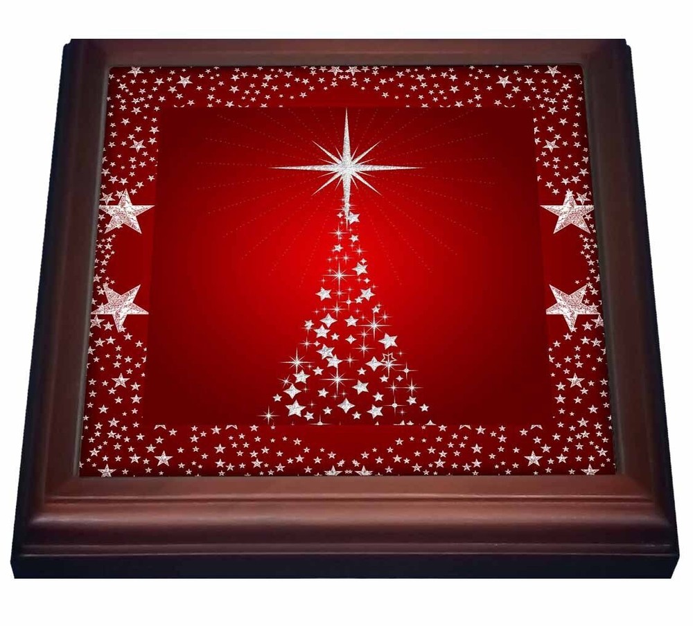 3dRose Silver Star Christmas Tree with Holiday Red Background 8x8 Trivet with 6x