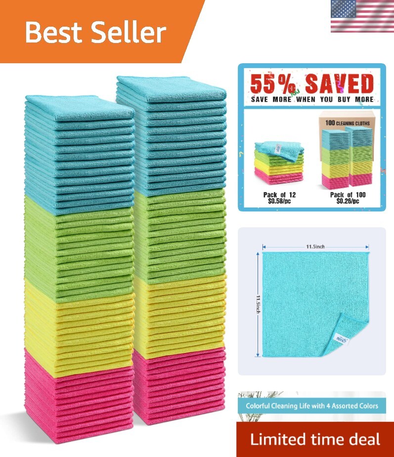 100 Eco-Friendly Microfiber Cleaning Cloths - 4 Colors 11.5x11.5