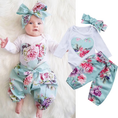 Newborn Baby Girl Clothes Romper Bodysuit Tops Pants Headband Infant Outfits Set