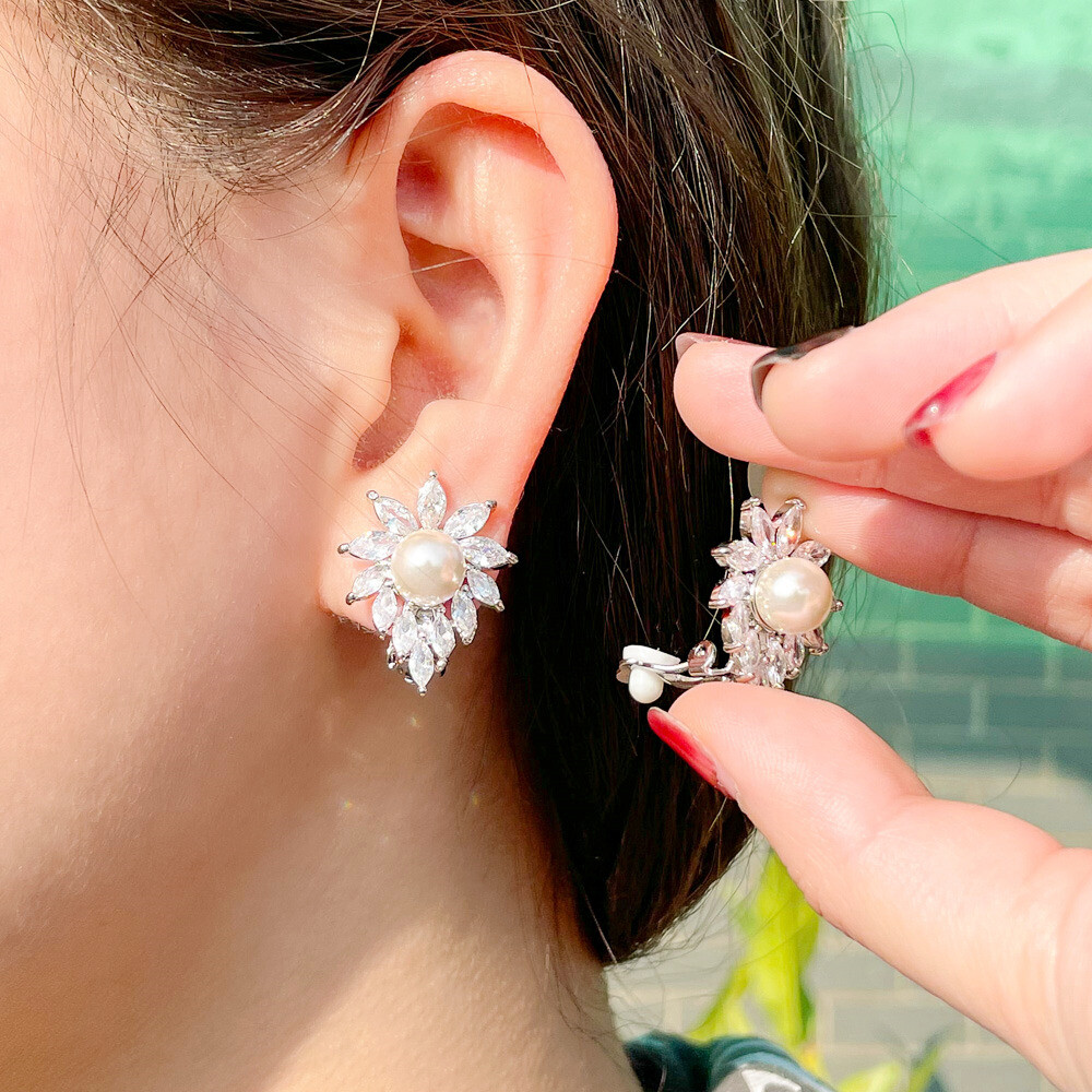 Sparkling Silver Marquise Zirconia Pearl Leaf Clip On Earrings for Women