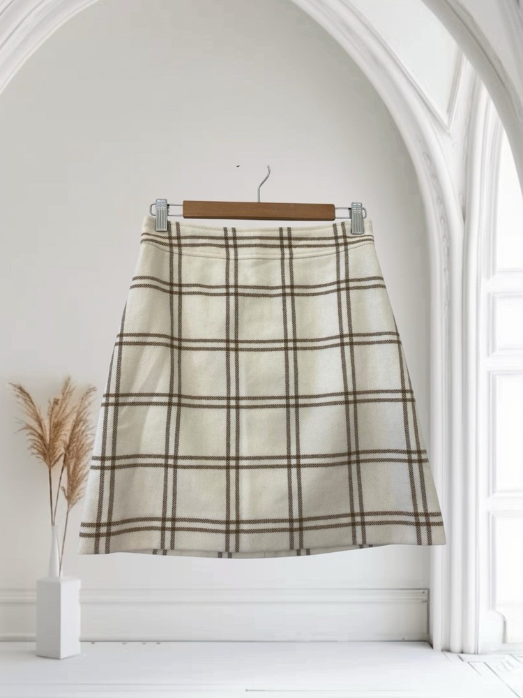 J Crew Plaid Wool Blend Mini Skirt Size 0 Ivory Brown Fall Winter Cozy Chic $89