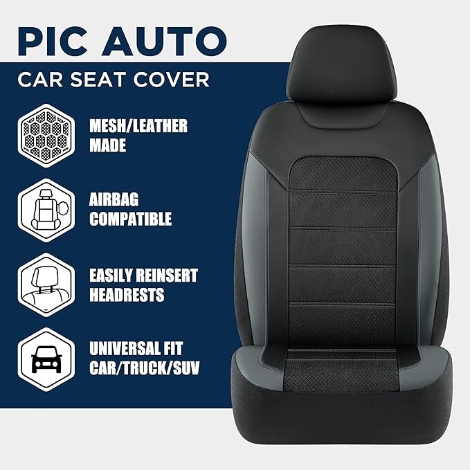 PIC AUTO Car Seat Covers, Premium Leather and Air Mesh Automotive Sports Seat Co
