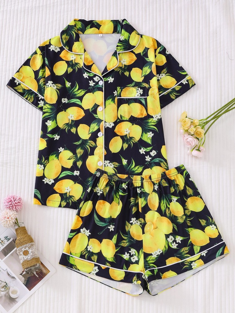 Comfy Pajama Comfy Women's Pajama Set - Adorable Lemon & Leaf Print Short Sleeve