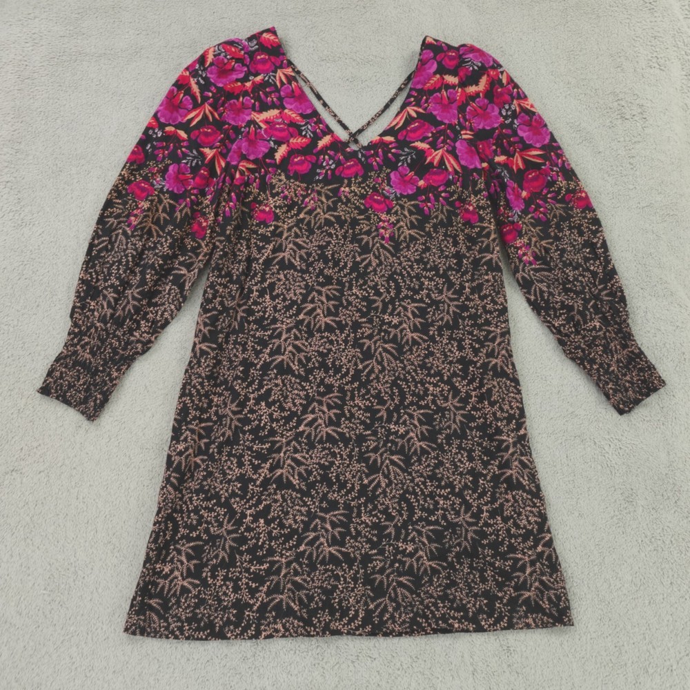 Anthropologie Dress Womens 00 Petite Black Tan Pink Multi Floral Cyree Tunic