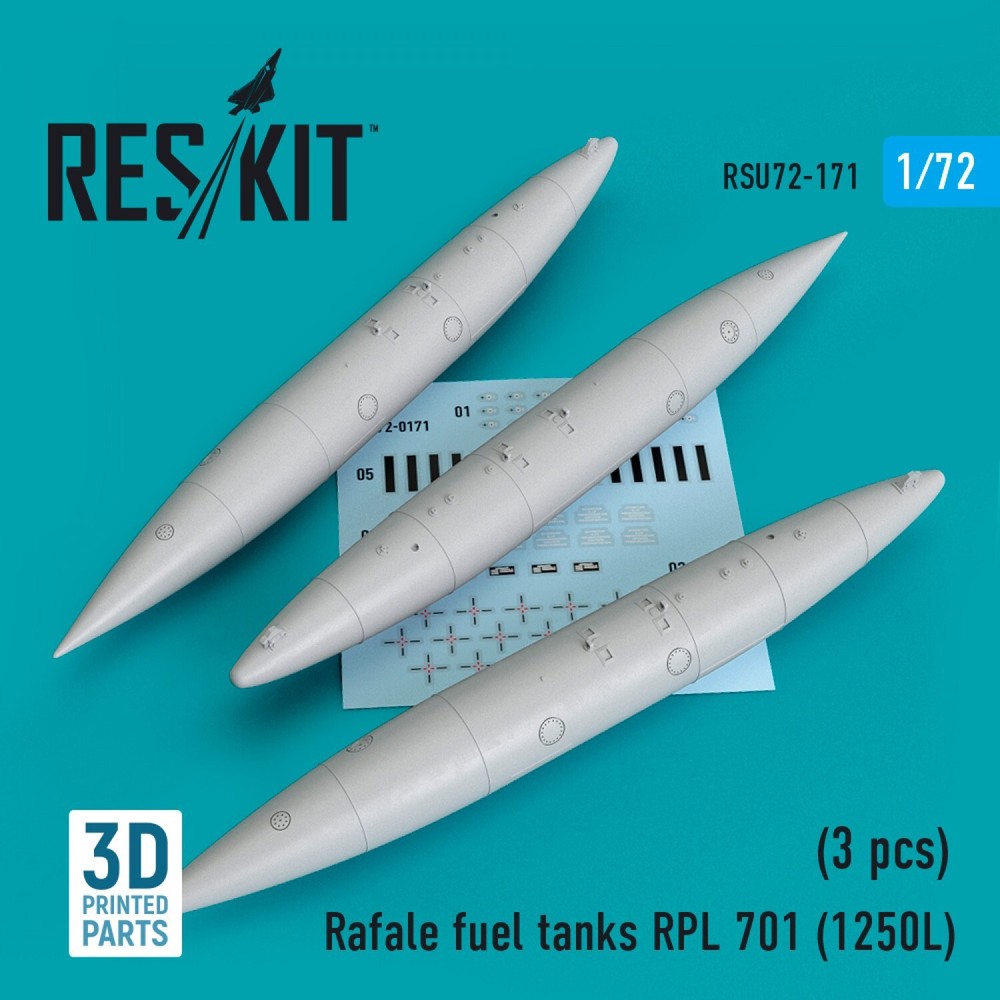 ResKit RSU72-0171 Scale 1:72 Rafale fuel tanks RPL 701 (1250L) 3pcs 3D printing