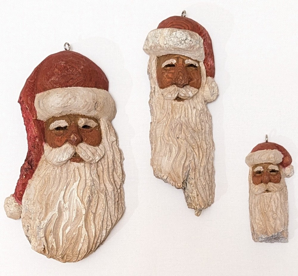 Hand Carved Wood SANTA Painted Christmas Ornament Folk Art Signed 1996 -Set Of 3
