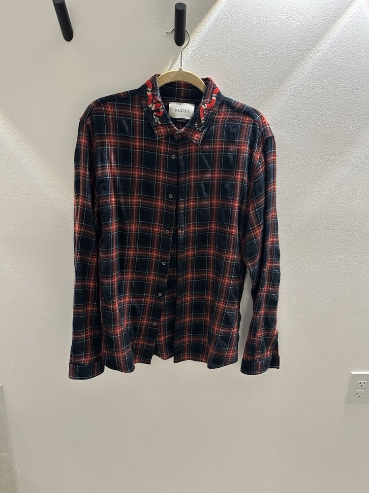 GUCCI Flannel Button Up Shirt with Plaid Embroidered Snake Design