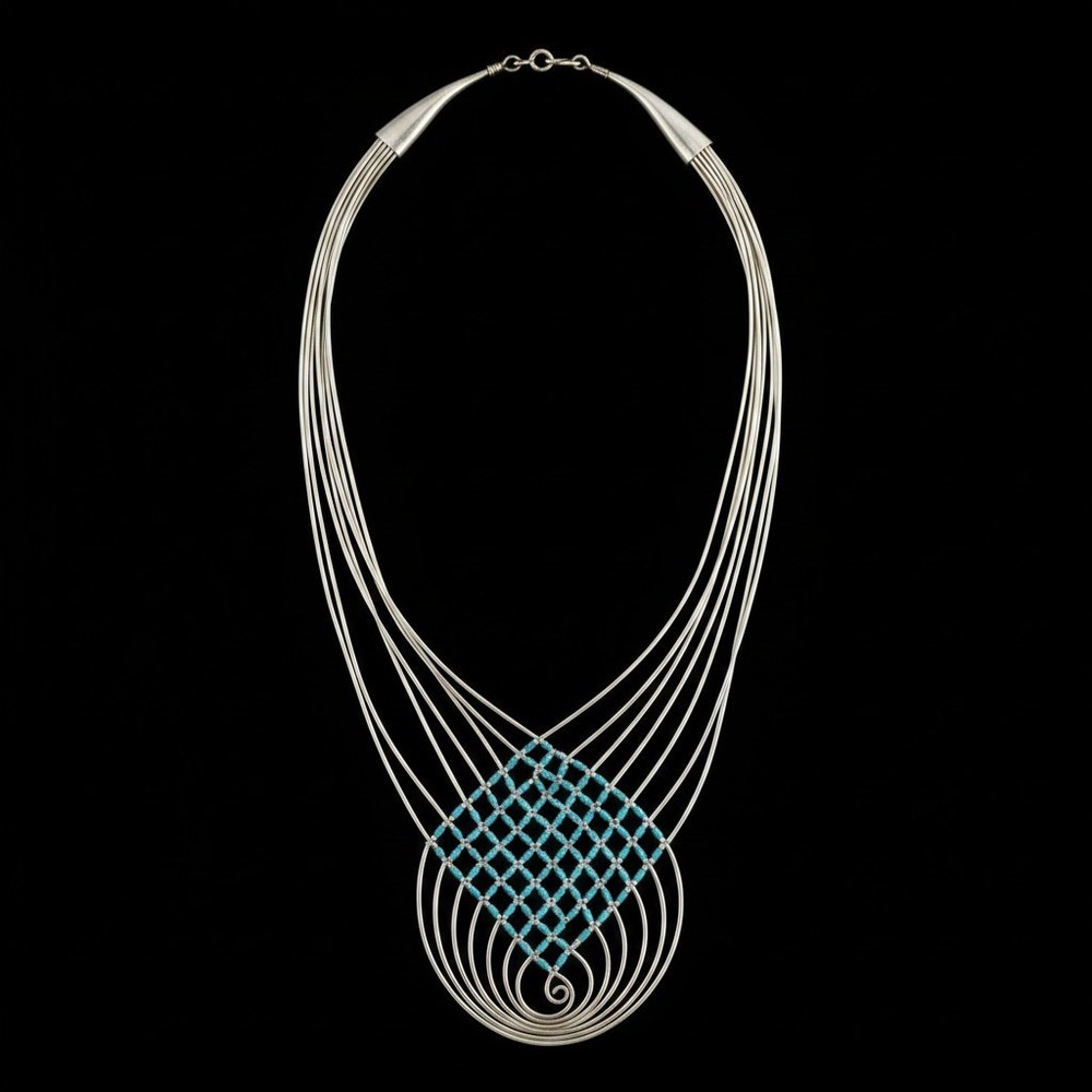Vintage Liquid Sterling Silver Multi Strand Necklace Turquoise Bead Modernist