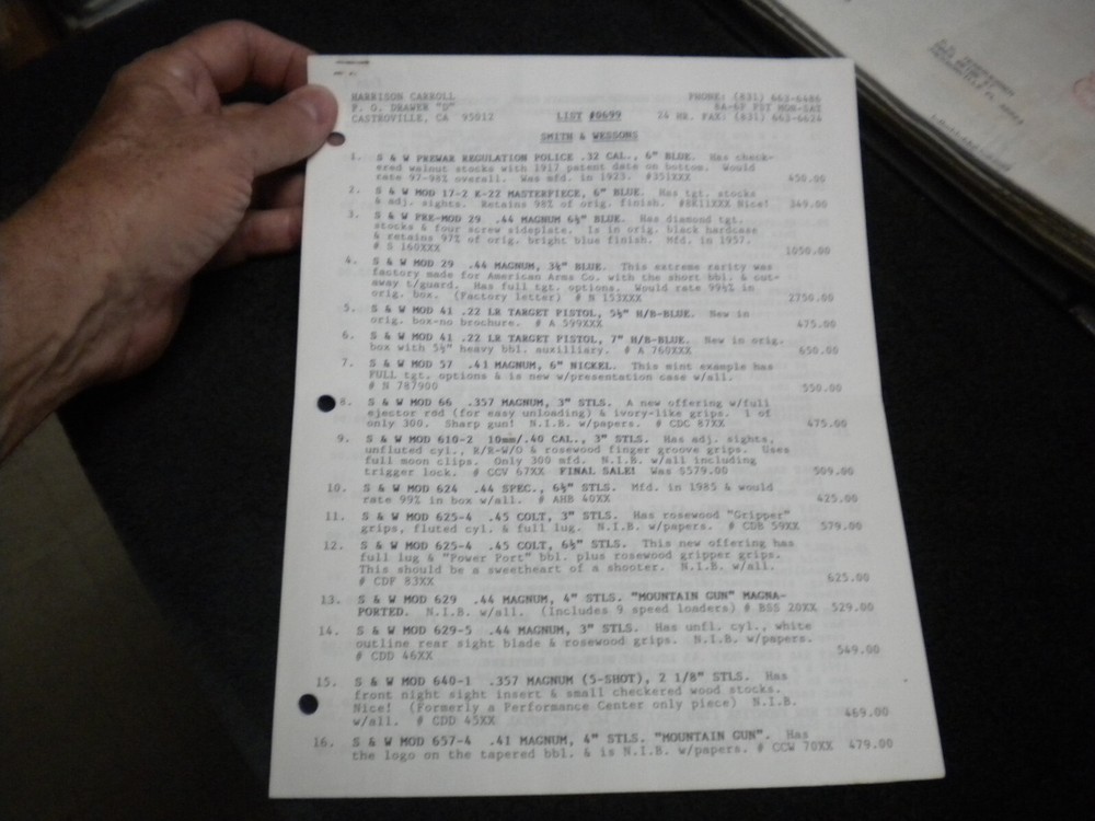 Harrison Carroll List 0699  Colt SAAs,S&W, Semi Auto Price List