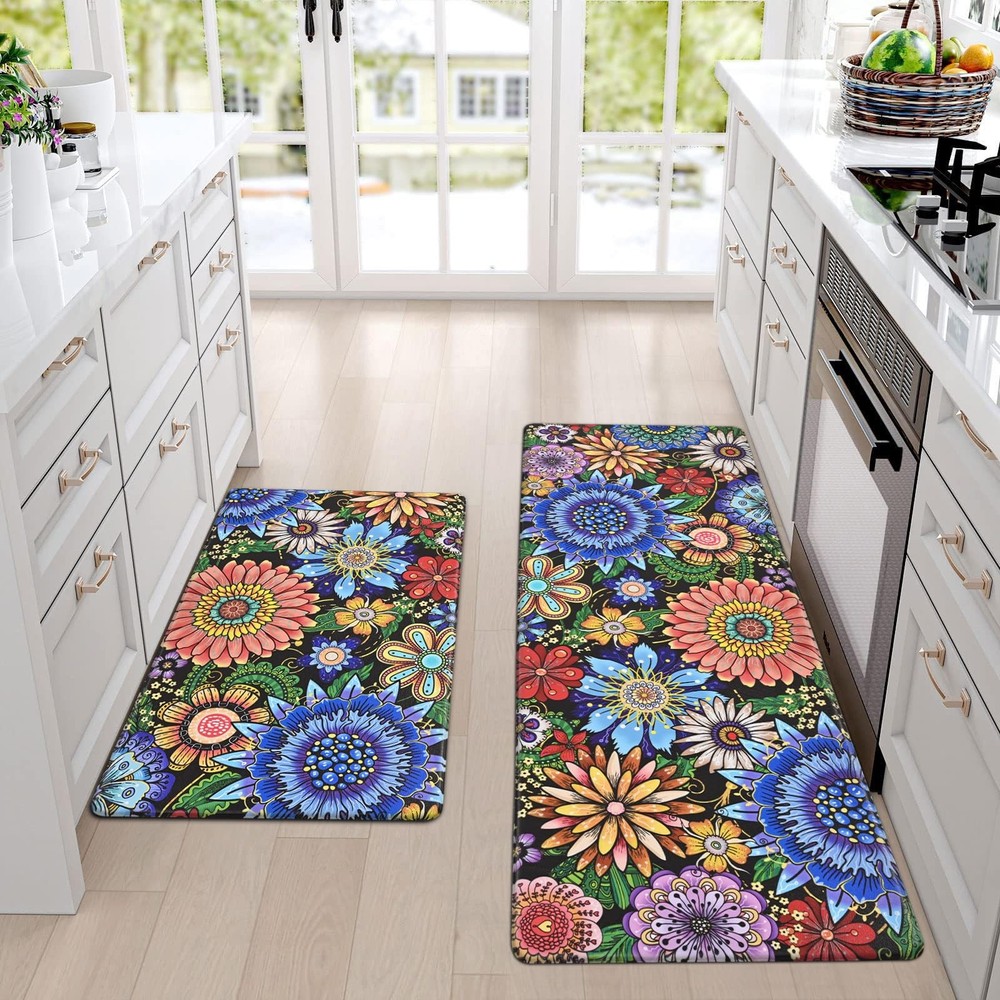 Boho Floral Anti Fatigue Kitchen Mat Non Slip Bohemian Rug