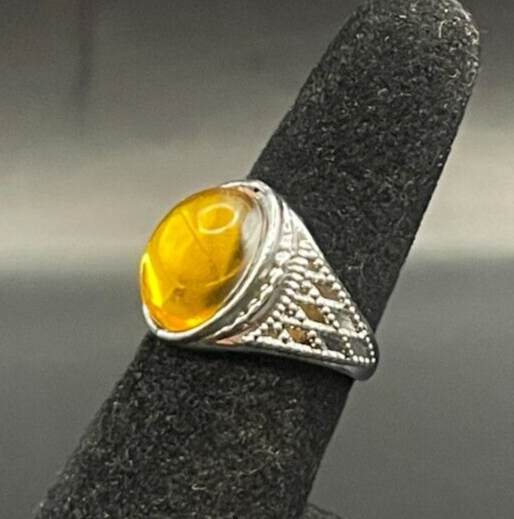 Silver Tone Amber Yellow Rhinestone Ring - Size 4