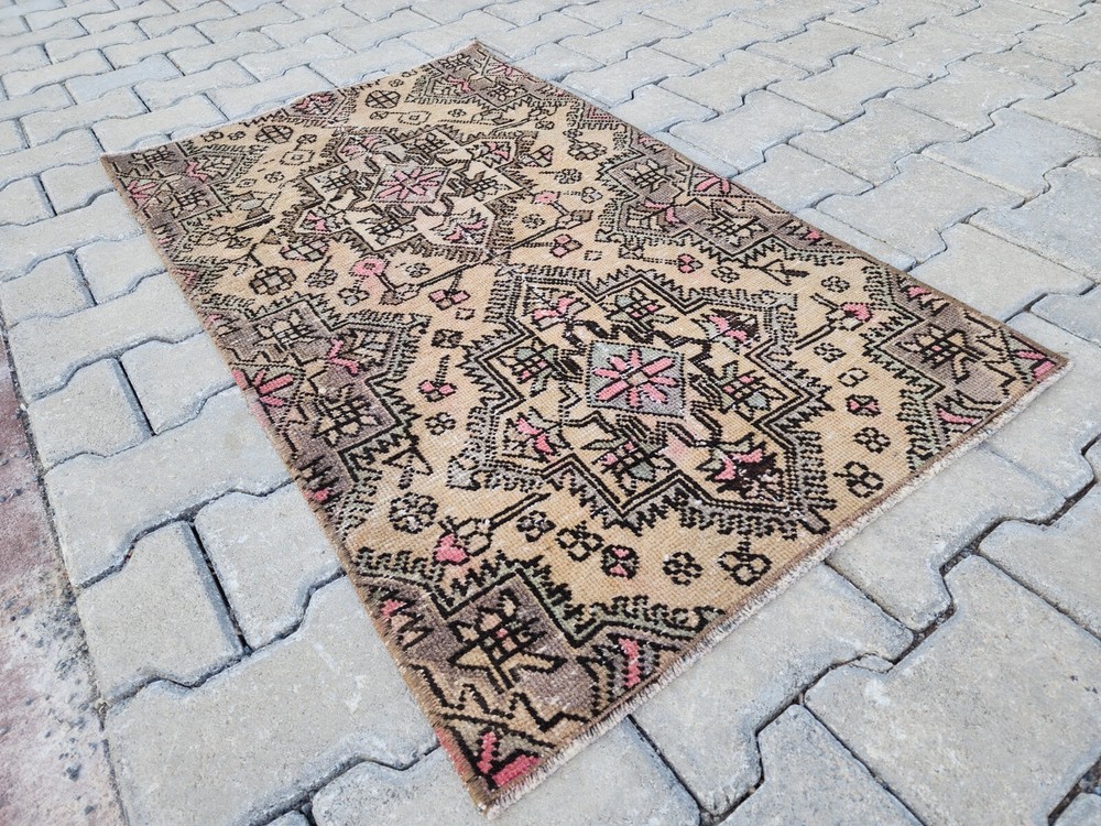 2x4 ft Brown Mini Vintage Hand Knotted Wool Low Pile Turkish Rug