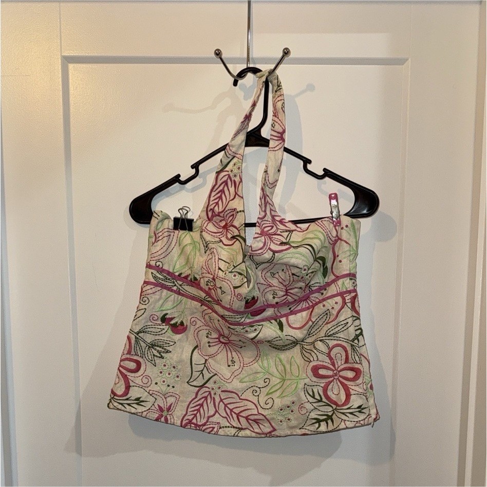 Tibi Floral Embroidered Multicolor Linen Cotton Silk Halter Tank Top Size L