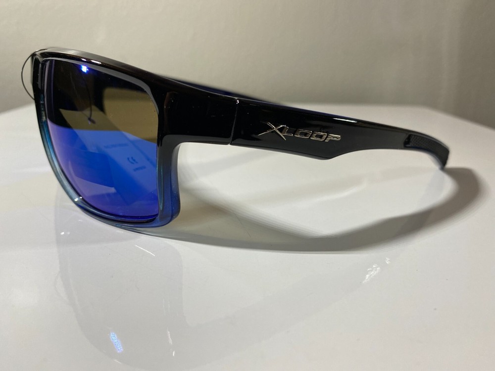 Men's Black Frame Blue Reflective Wrap Sunglasses