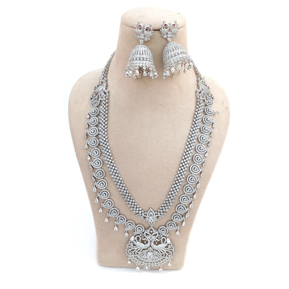 Crystal Quartz & Cubic Zirconia Necklace Long Stud Set, White gold plated Neckla