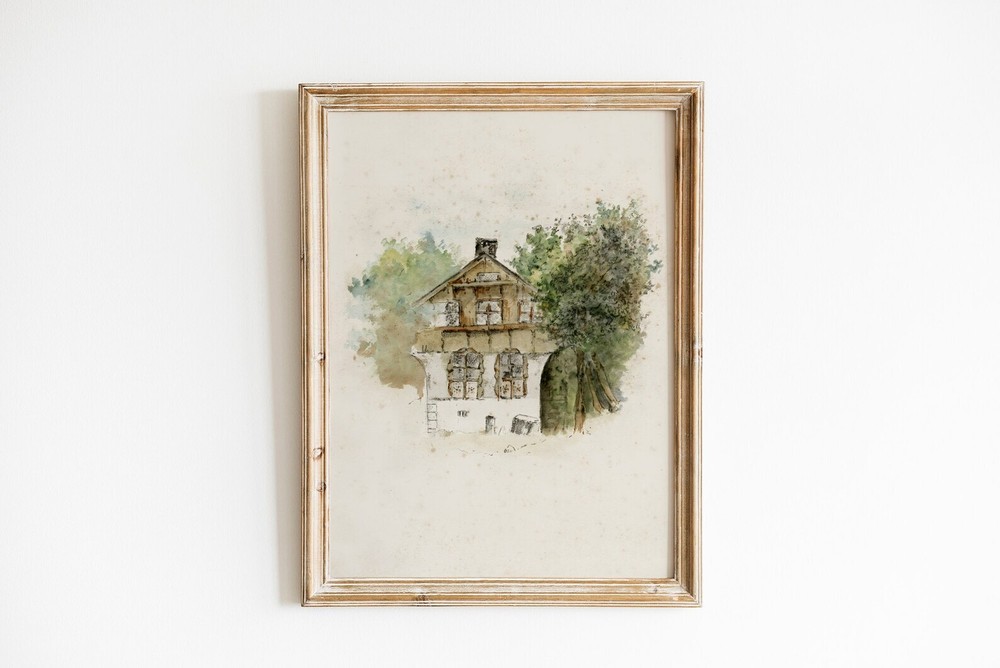 Large Wall Art Vintage Landscape Watercolor Painting Neutral Wall Art Art