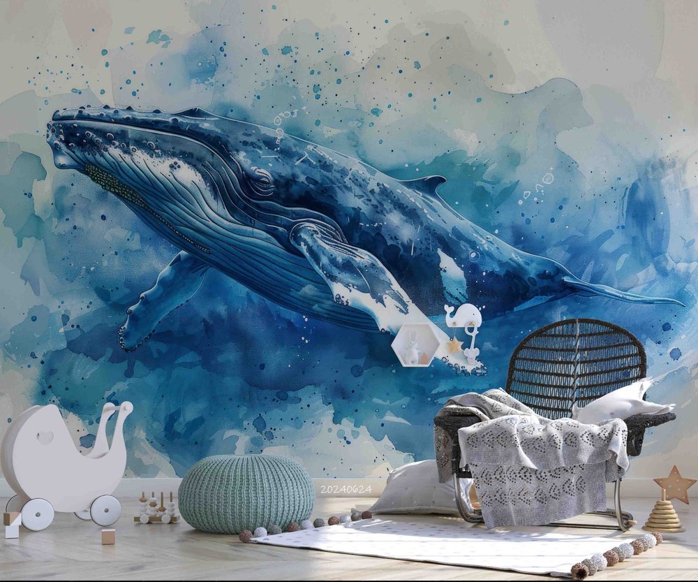 3D Whale Watercolor Wall Murals Wallpaper Murals Wall Sticker 5