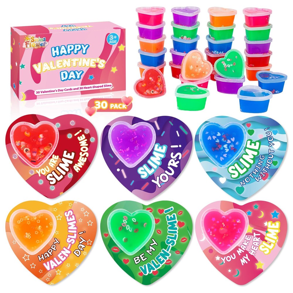 30 Pack Valentines Day Cards For Kids With Heart Shape Slime Toys, Kids Class...