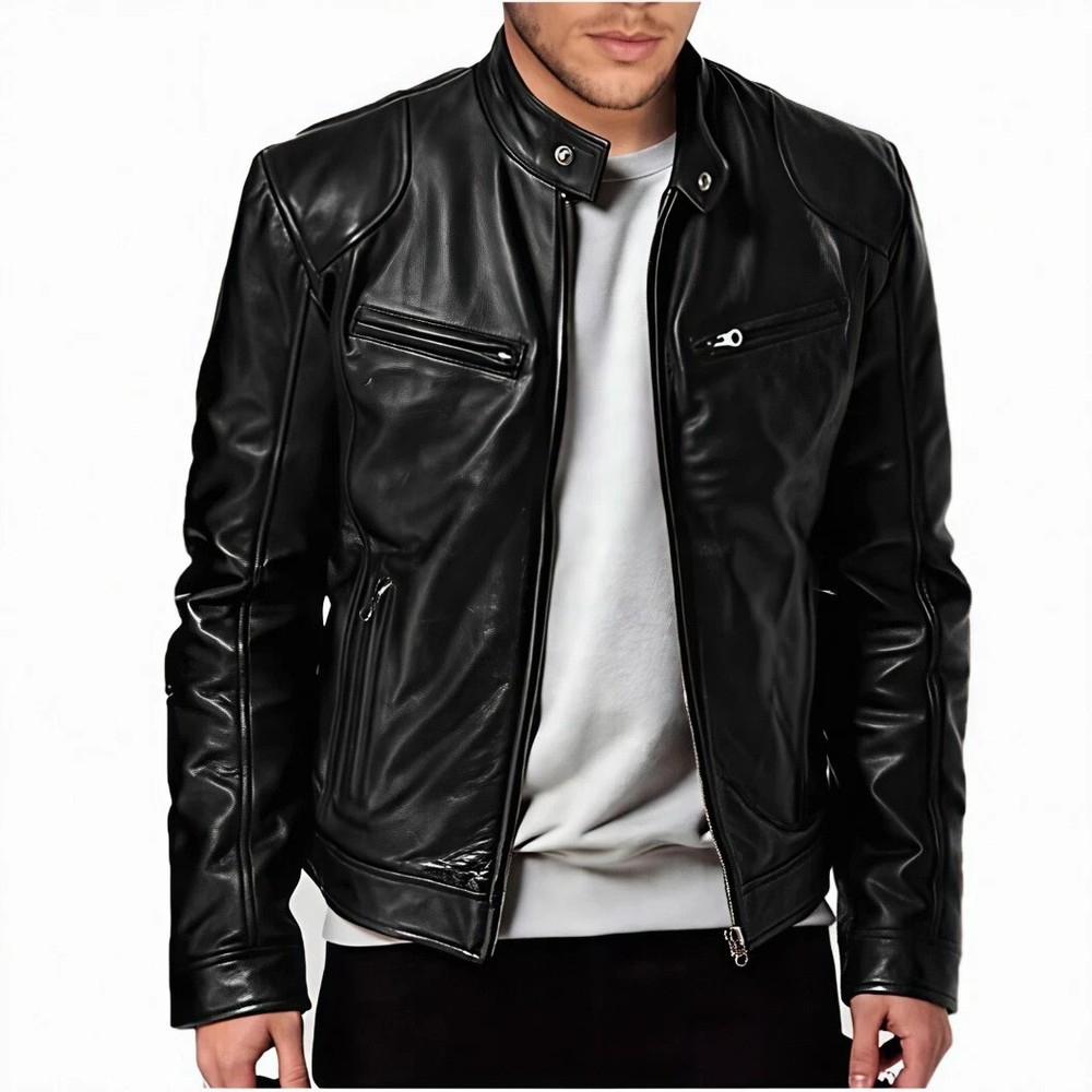 Cafe Racer Mens Genuine Sheepskin Leather Motorcycle Biker Jacket Black