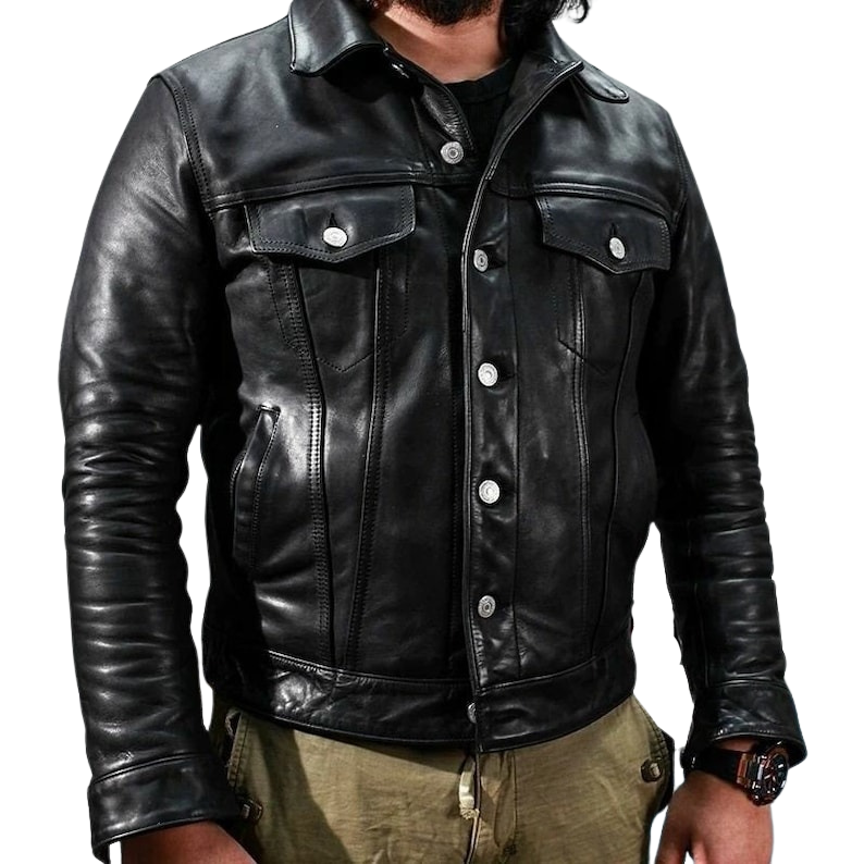 Genuine Lambskin Men Black Trucker Leather Shirt Motorcycle SlimFit Jacket MTJ1a