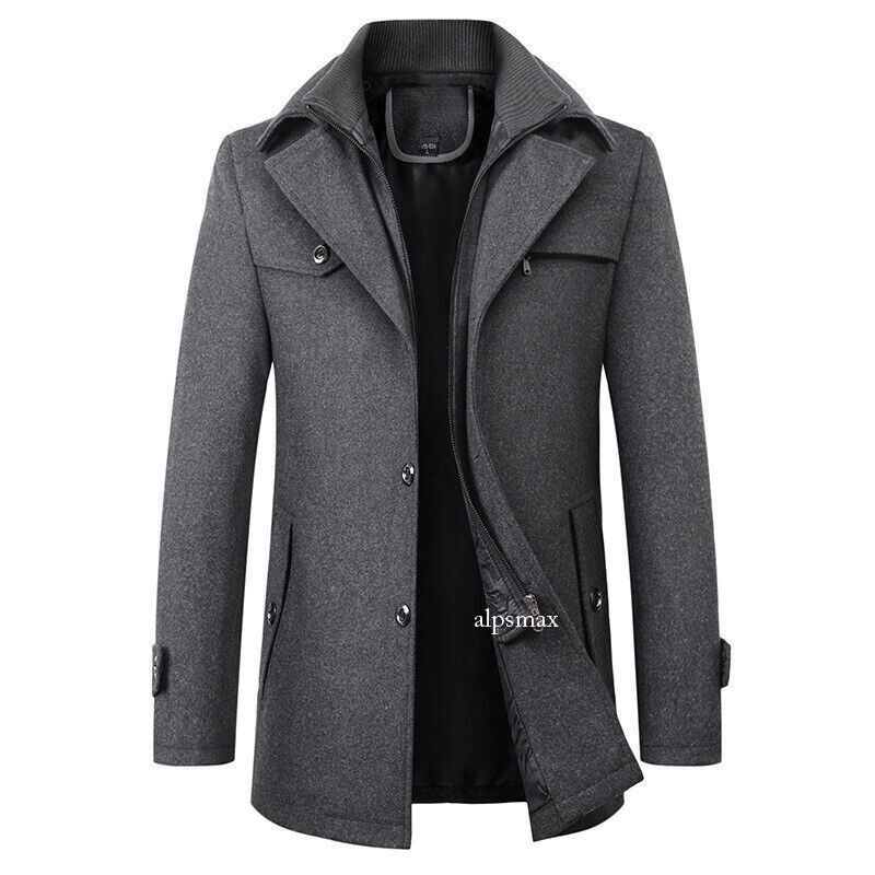Mens Fall Winter Collared Wool Blend Mid-length Jacket Fashion Slim Fit Overcoat