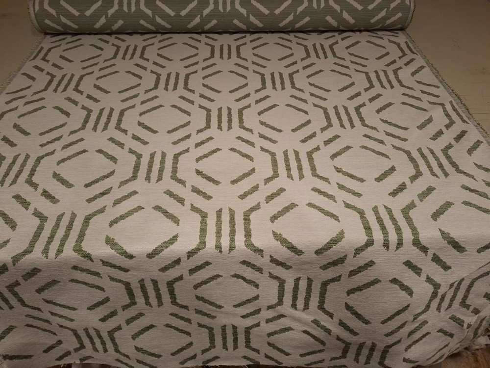ROLL END OF 10.3 METRES OF GEOMETRIC DESIGN UPHOLSTERY FABRIC GREEN/PALE GREY