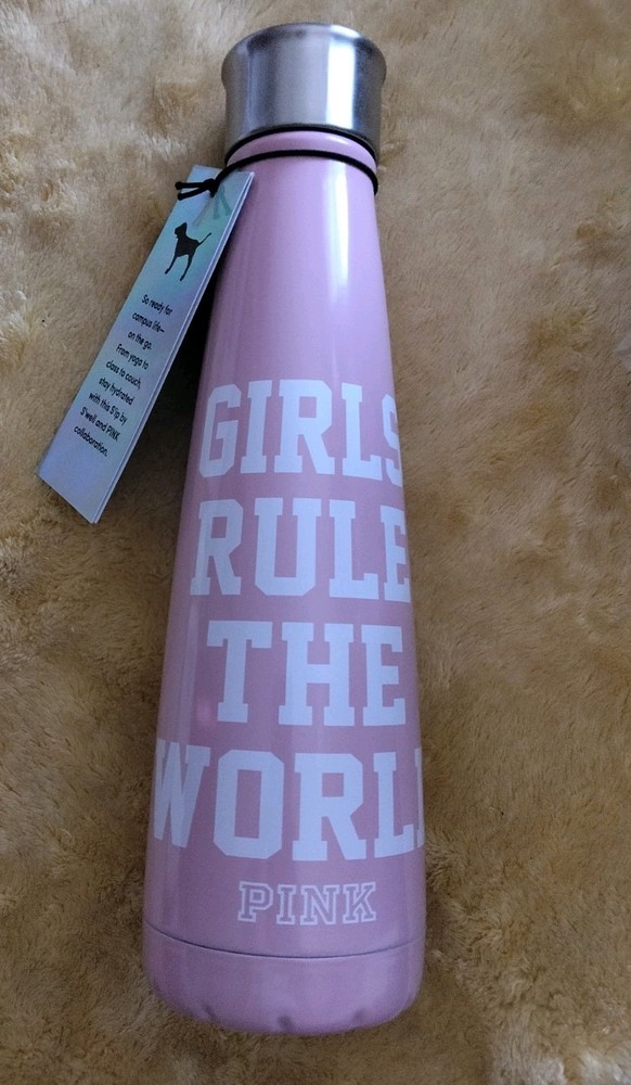 PINK Reusable Metal Water Bottle Pink Screw-on Lid Girls Rule The World Wellness
