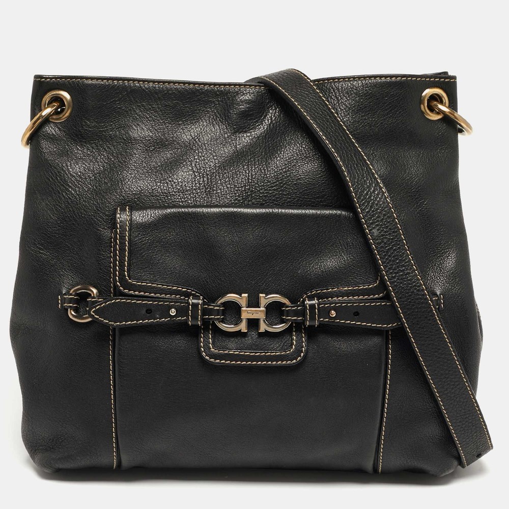 Salvatore Ferragamo Gancini Black Leather Shoulder Bag