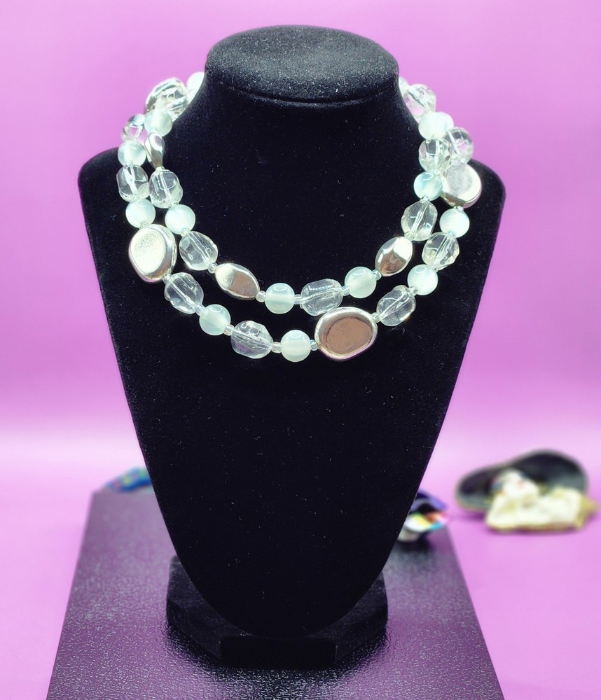 Premier Designs Double Strand Clear Silver Cats Eye Acrylic Beaded Necklace