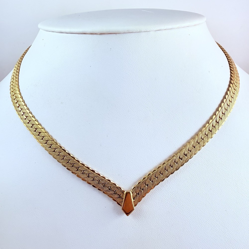 Vintage Gold Tone Herringbone Chevron V Necklace Choker Statement Jewelry 18”