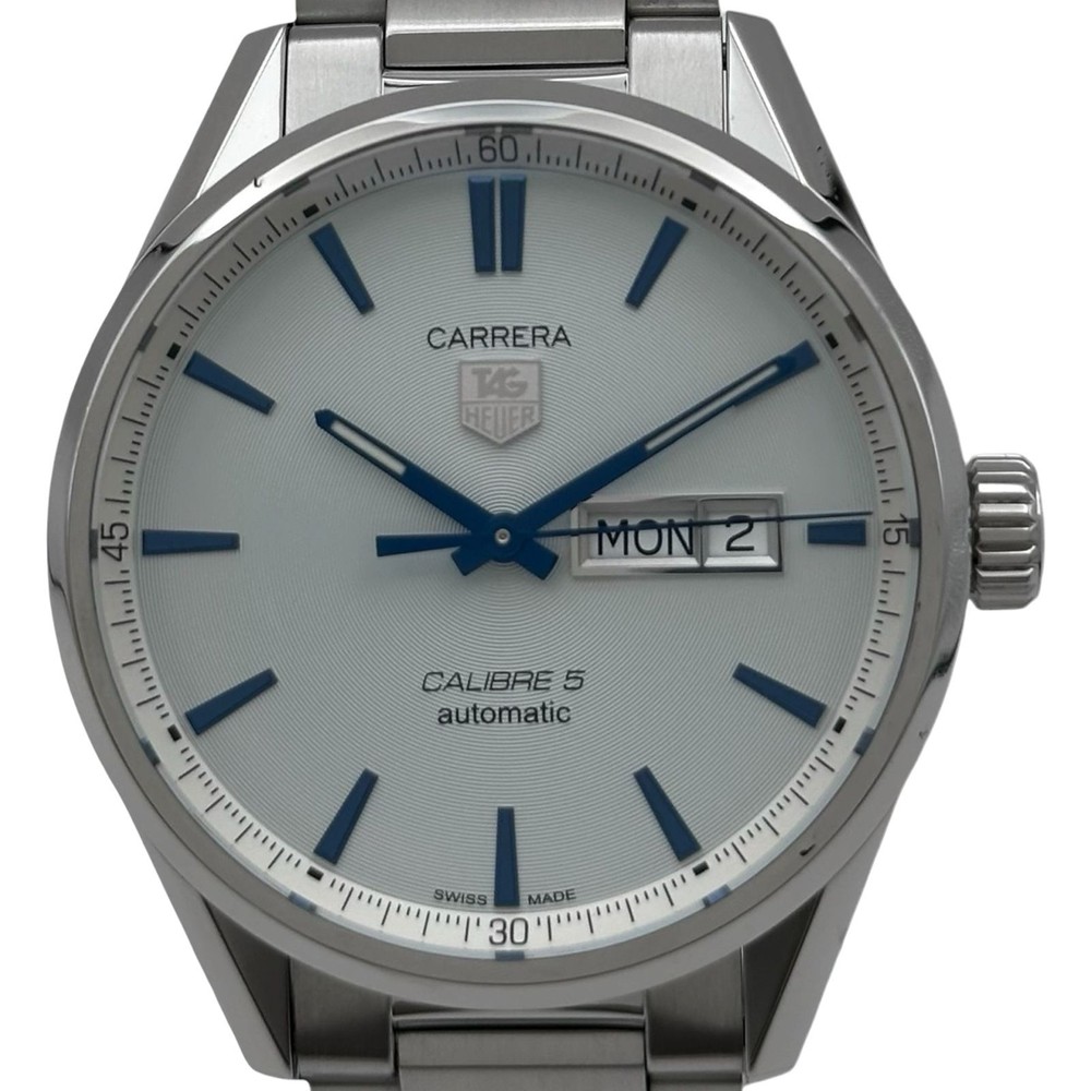 TAG HEUER CARRERA CALIBRE 5 DAY-DATE WAR201K SILVER STAINLESS STEEL AUTO 384922